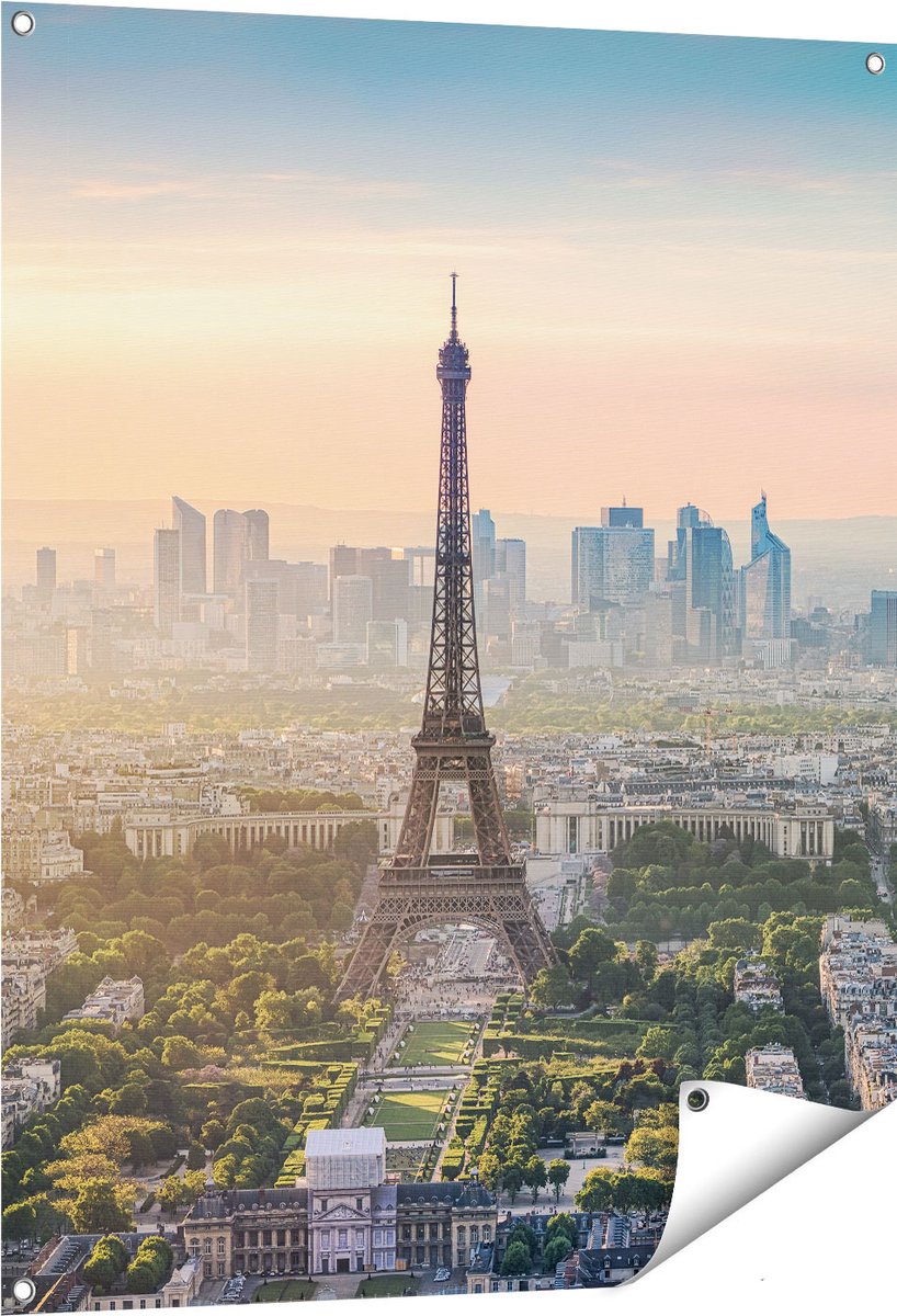 Gards Tuinposter Skyline van Parijs met de Eiffeltoren - 80x100 cm - Tuindoek - Tuindecoratie - Wanddecoratie buiten - Tuinschilderij Multikleur