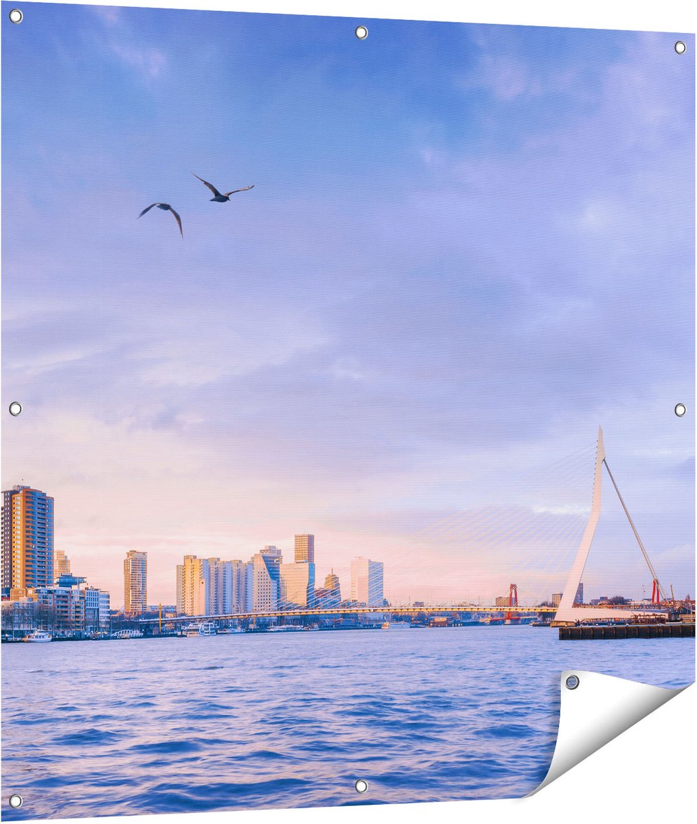 Gards Tuinposter Rotterdamse Skyline aan het Water - 100x100 cm - Tuindoek - Tuindecoratie - Wanddecoratie buiten - Tuinschilderij Multikleur