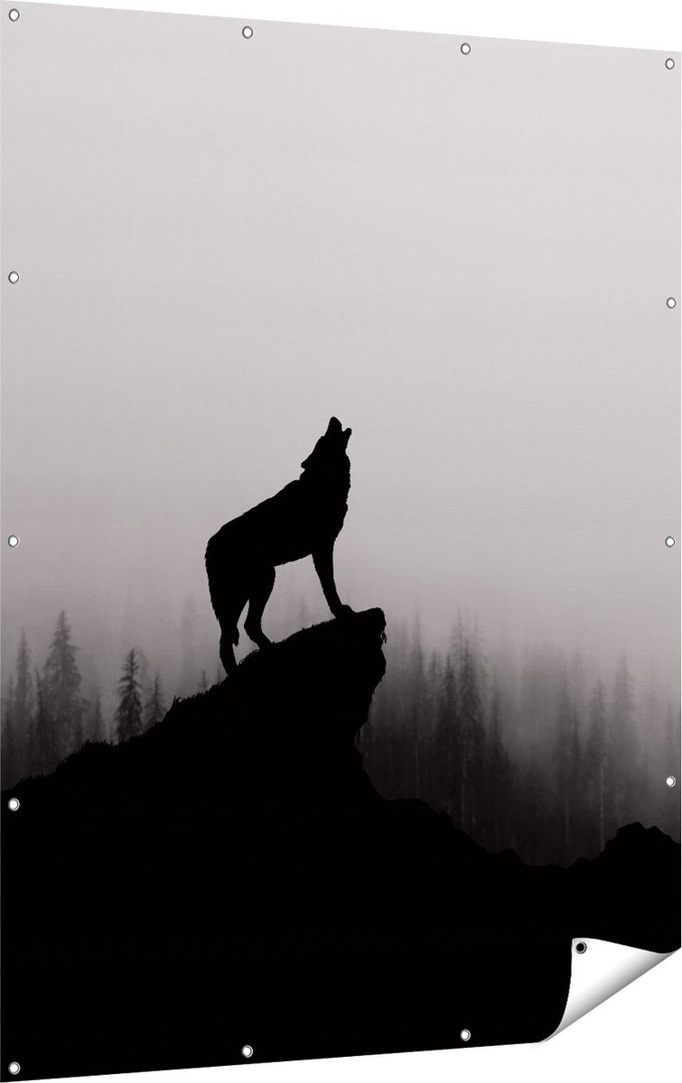 Gards Tuinposter Silhouet van een Huilende Wolf - Abstract - 120x160 cm - Tuindoek - Tuindecoratie - Wanddecoratie buiten - Tuinschilderij Multikleur