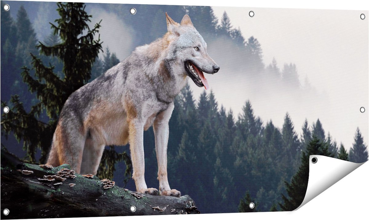 Gards Tuinposter Grijze Wolf in de Bossen - 120x60 cm - Tuindoek - Tuindecoratie - Wanddecoratie buiten - Tuinschilderij Multikleur