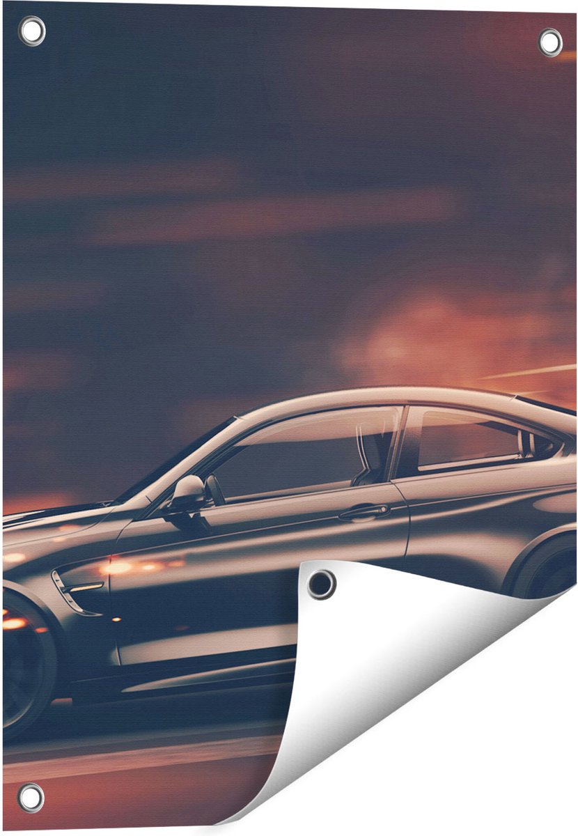 Gards Tuinposter Zwarte Sportwagen Auto met Vlammen - 40x50 cm - Tuindoek - Tuindecoratie - Wanddecoratie buiten - Tuinschilderij Multikleur