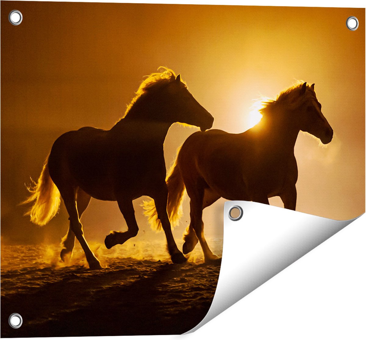 Gards Tuinposter Silhouet van Twee Paarden - 50x40 cm - Tuindoek - Tuindecoratie - Wanddecoratie buiten - Tuinschilderij Multikleur