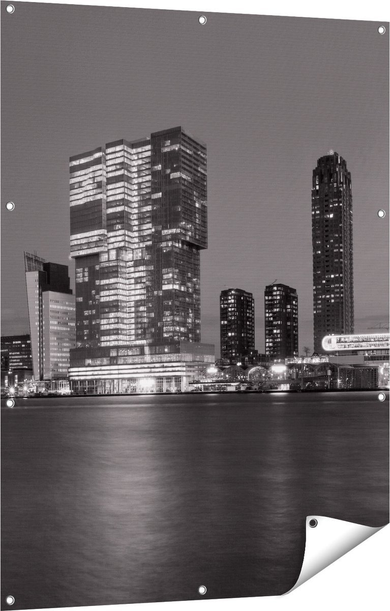 Gards Tuinposter Rotterdamse Skyline - Zwart Wit - 90x120 cm - Tuindoek - Tuindecoratie - Wanddecoratie buiten - Tuinschilderij Multikleur