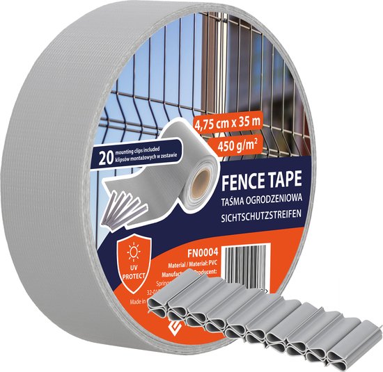 Grijze PVC vlechtband voor tuinafsluiting, 4,75 cm x 35 m, 450 g/m², met 20 montageclips.