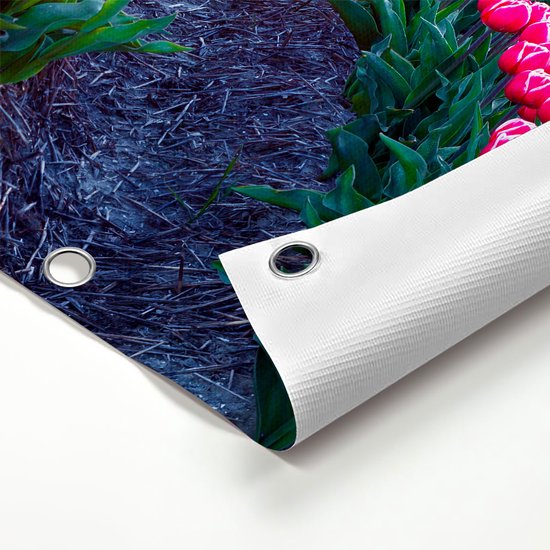 Gards Poster de Jardin Champ de Fleurs avec Tulipes Roses - Montgolfière - 100x100 cm - Toile Jardin - Décoration de jardin - Décoration murale Extérieure - Tableau Jardin