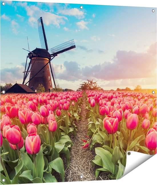 Gards Tuinposter Roze Tulpen Bloemenveld - met Windmolen - 100x100 cm - Tuindoek - Tuindecoratie - Wanddecoratie buiten - Tuinschilderij