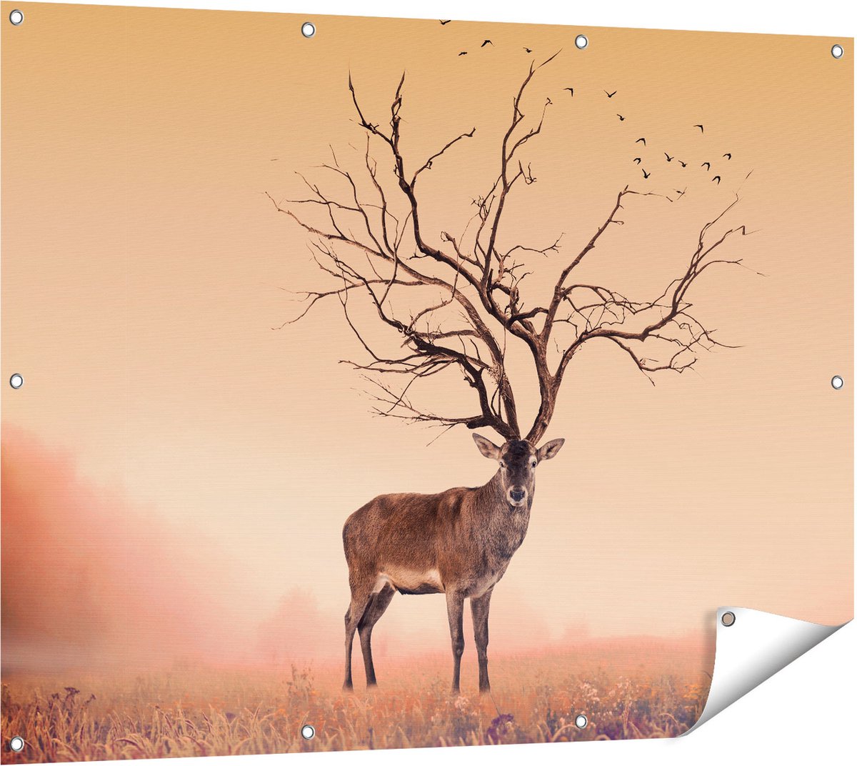 Gards Tuinposter Hert met een Bomen Gewei - 120x90 cm - Tuindoek - Tuindecoratie - Wanddecoratie buiten - Tuinschilderij Multikleur