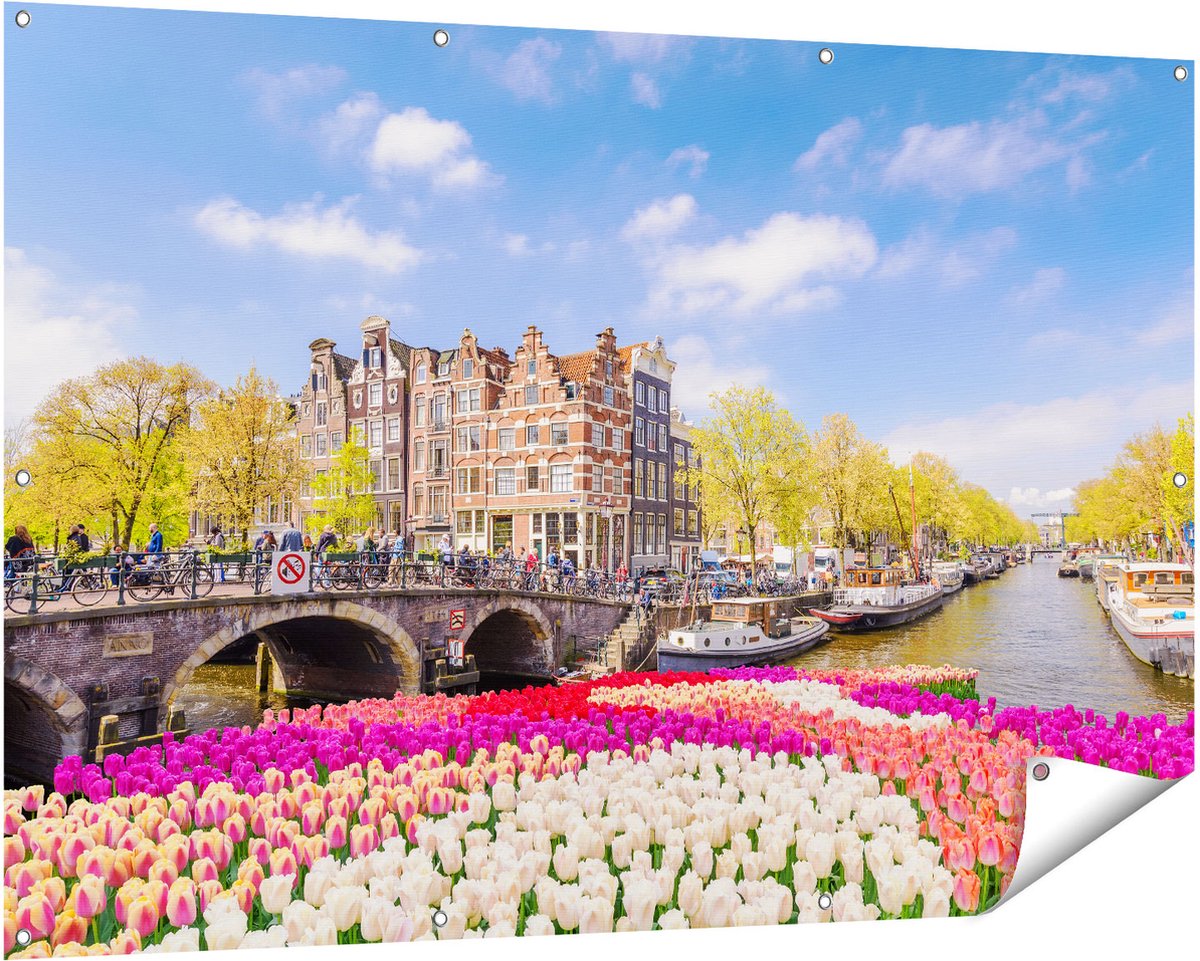 Gards Tuinposter Amsterdamse Huisjes aan de Grachten - 150x100 cm - Tuindoek - Tuindecoratie - Wanddecoratie buiten - Tuinschilderij Multikleur