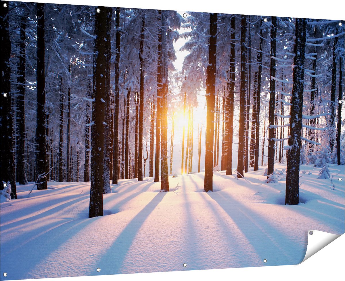 Gards Tuinposter Bos met Sneeuw tijdens de Zonsondergang - 180x120 cm - Tuindoek - Tuindecoratie - Wanddecoratie buiten - Tuinschilderij Multikleur