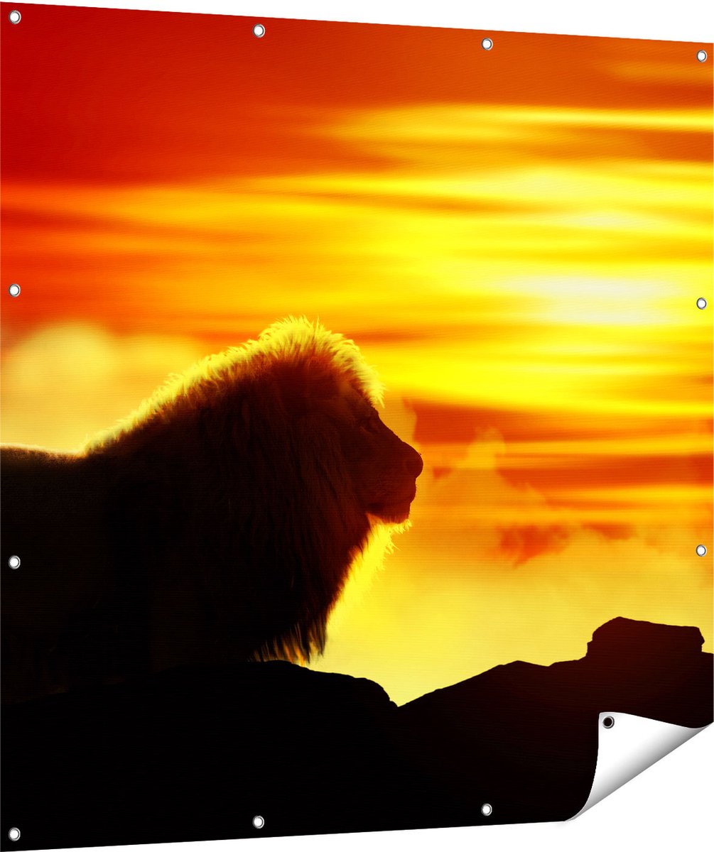 Gards Tuinposter Leeuw en Tijger - Silhouet - Zonsopkomst - 120x120 cm - Tuindoek - Tuindecoratie - Wanddecoratie buiten - Tuinschilderij Multikleur