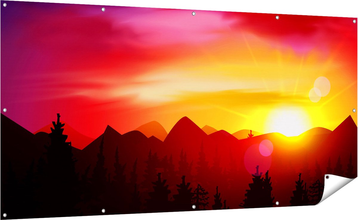 Gards Tuinposter Zonsondergang in de Bergen - Abstract - 200x100 cm - Tuindoek - Tuindecoratie - Wanddecoratie buiten - Tuinschilderij Multikleur