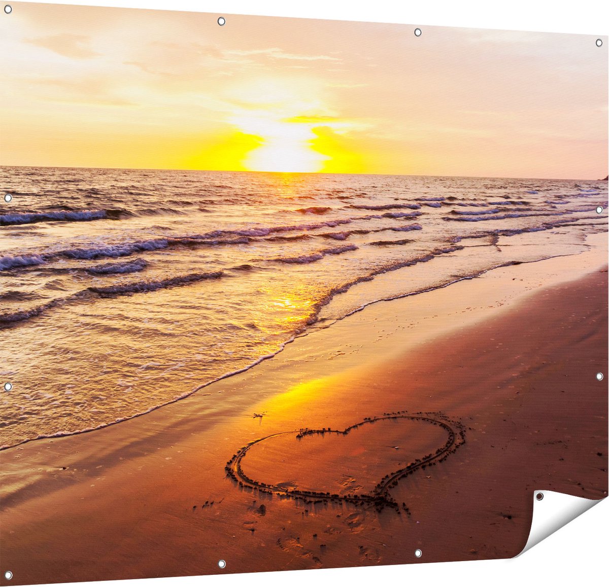 Gards Tuinposter Zonsondergang op het Strand met een Hartje - 150x120 cm - Tuindoek - Tuindecoratie - Wanddecoratie buiten - Tuinschilderij Multikleur