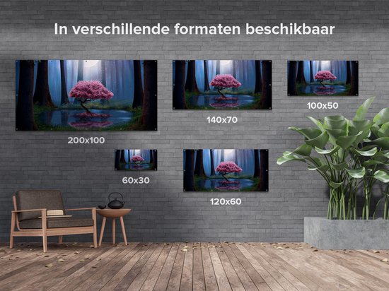 Gards Poster de jardin Arbre rose sur un étang la nuit - 200x100 cm - Toile de jardin - Décoration de jardin - Décoration murale extérieur - Tableau de jardin