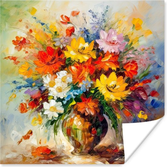 Affiche Fleurs - Coloré - Peinture à l'huile - Pot de fleurs - 50x50 cm