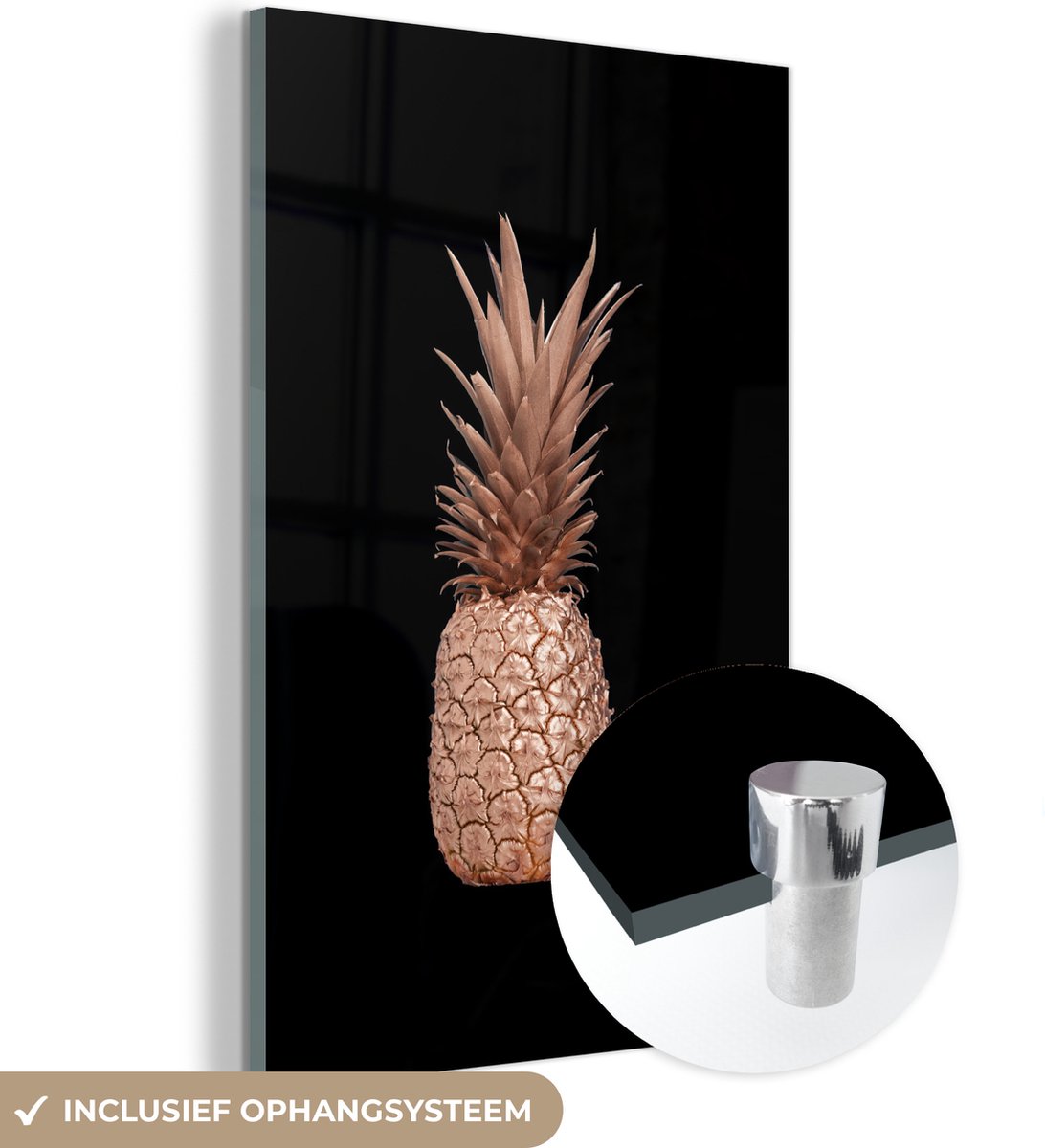 ® Glasschilderij 60x90 cm - Schilderij acrylglas - Ananas - Rosé goud - Zwart - Foto op glas - Muurdecoratie woonkamer - Wanddecoratie slaapkamer - Schilderijen