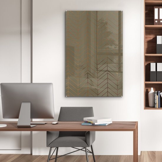 Peinture sur verre MuchoWow 60x90 cm - Peinture acrylique sur verre - Motifs - Vert - Ligne - Or - Photo sur verre - Peintures