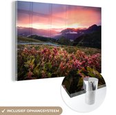 MuchoWow® Glasschilderij 120x80 cm - Schilderij acrylglas - Bloemen - Bergen - Landschap - Nacht - Lucht - Roze - Foto op glas - Schilderijen