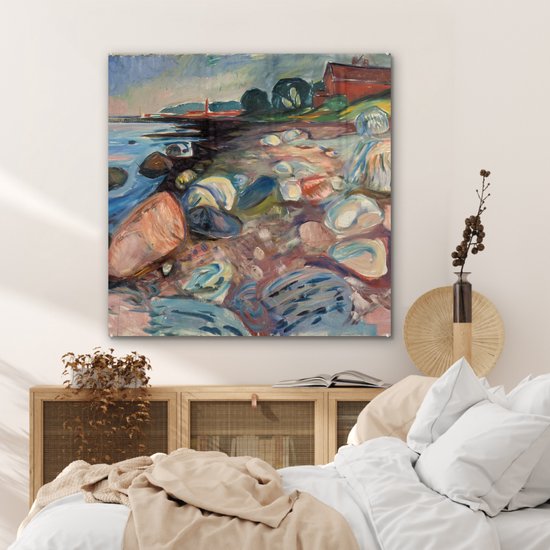 MuchoWow® Peinture sur verre 90x90 cm - Peinture sur verre acrylique - Banque avec maison rouge - Edvard Munch - Photo sur verre - Peintures