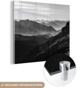 MuchoWow® Glasschilderij 90x90 cm - Schilderij acrylglas - Bergen - Natuur - Mist - Foto op glas - Schilderijen