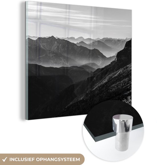MuchoWow® Glasschilderij 90x90 cm - Schilderij acrylglas - Bergen - Natuur - Mist - Foto op glas - Schilderijen
