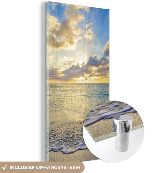 MuchoWow® Glasschilderij 20x40 cm - Schilderij acrylglas - Zee - Strand - Wolken - Zon - Foto op glas - Schilderijen