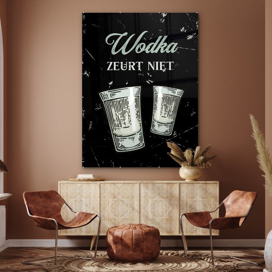 MuchoWow® Glasschilderij 120x160 cm - Schilderij acrylglas - Wodka - Shotglaasjes - Quote - Foto op glas - Schilderijen - Cadeau voor vrouw - Cadeau voor man