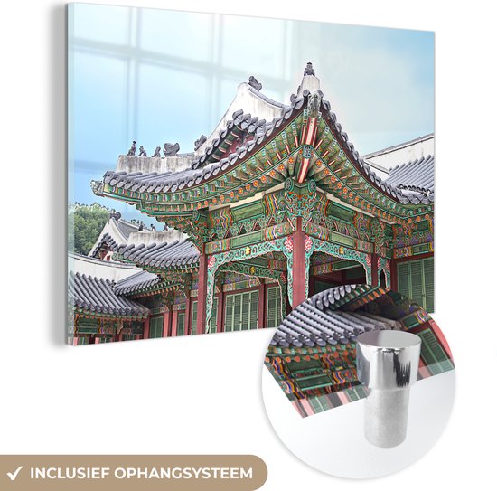 MuchoWow® Glasschilderij 90x60 cm - Schilderij acrylglas - Koreaanse traditionele structuur in Changdeokgung - Foto op glas - Schilderijen