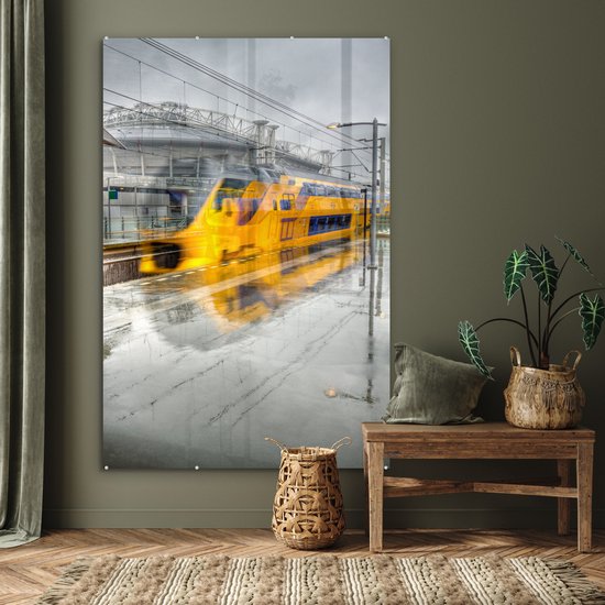 MuchoWow® Peinture sur Verre - Amsterdam - Train - Pluie - Nederland - 100x150 cm - Peintures sur Verre Acrylique - Photo sur Glas