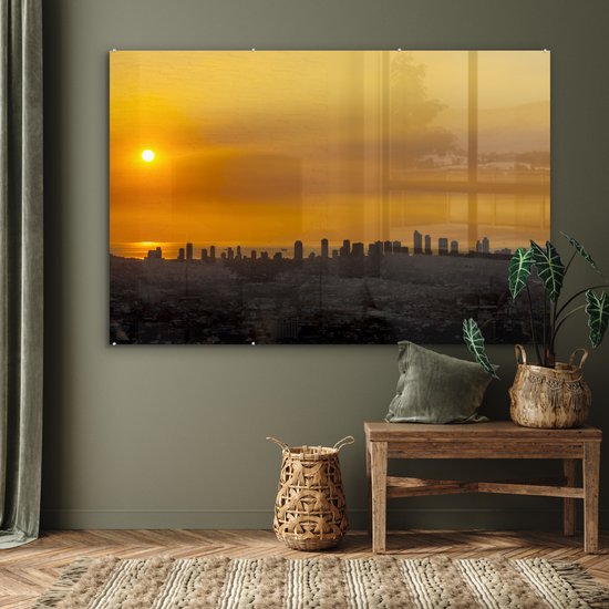 ® Glasschilderij 150x100 cm - Schilderij acrylglas - Gele zonsondergang in Manila - Foto op glas - Muurdecoratie woonkamer - Wanddecoratie slaapkamer - Schilderijen