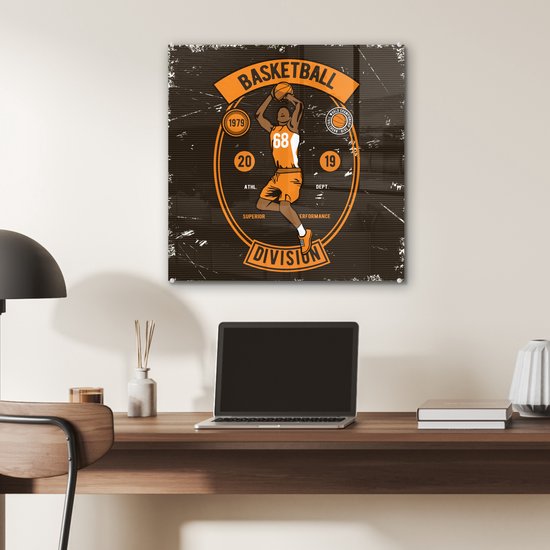 MuchoWow® Peinture sur verre 50x50 cm - Peinture sur verre acrylique - Mancave - Basketbal - Sport - Vintage - Oranje - Photo sur verre - Peintures