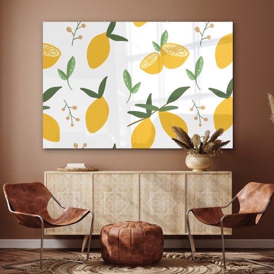 MuchoWow® Peinture sur Verre - Citrons - Motifs - Wit - Abstrait - 150x100 cm - Peintures sur Verre Peintures - Photo sur Glas