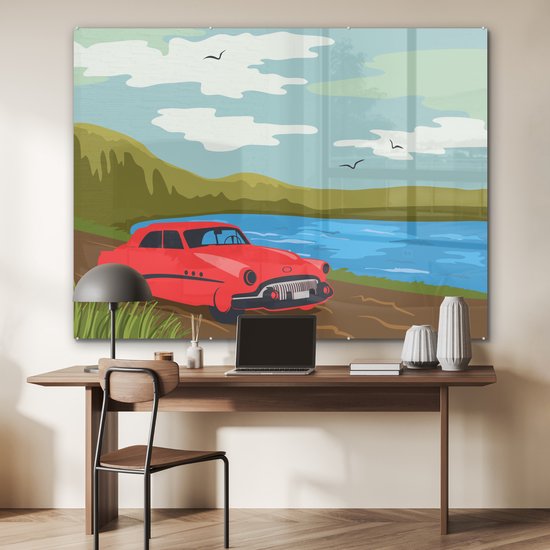 MuchoWow® Peinture sur verre 160x120 cm - Peinture sur verre acrylique - Voiture rouge Vintage - Photo sur verre - Peintures