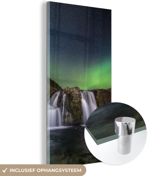 MuchoWow® Glasschilderij 20x40 cm - Schilderij acrylglas - Noorderlicht - Waterval - IJsland - Natuur - Foto op glas - Schilderijen