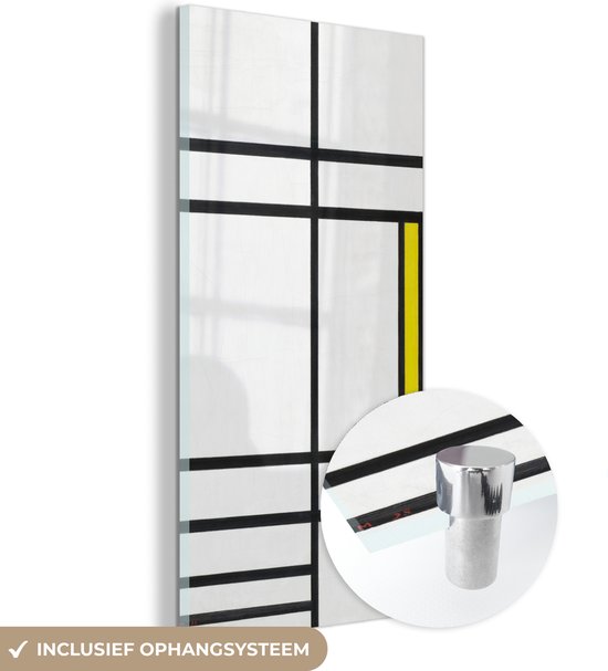 MuchoWow® Glasschilderij 20x40 cm - Schilderij acrylglas - Compositie in wit, rood en geel - Piet Mondriaan - Foto op glas - Schilderijen
