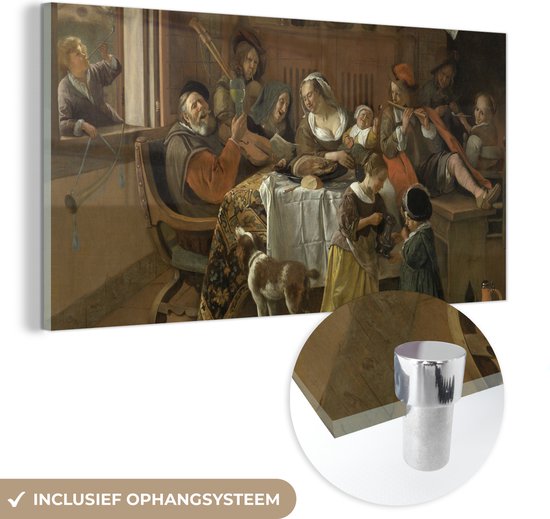 MuchoWow® Glasschilderij 40x20 cm - Schilderij acrylglas - Het vrolijke huisgezin - Jan Steen - Foto op glas - Schilderijen