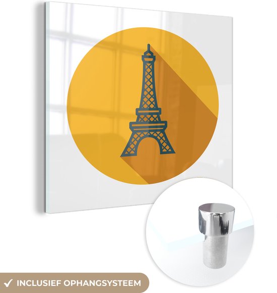 MuchoWow® Glasschilderij 90x90 cm - Schilderij acrylglas - De Franse Eiffeltoren als een gele cirkel in een illustratie - Foto op glas - Schilderijen
