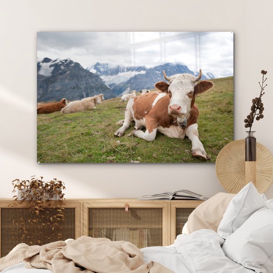 MuchoWow® Tableau sur Verre - Vaches - Prairie - Alpes - 90x60 cm - Peintures sur Verre Acrylique - Photo sur Glas