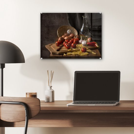 MuchoWow® Tableau sur verre 40x30 cm - Tableau sur verre acrylique - Planche à découper - Légume - Nature morte - Pâtes - Oignon - Tomate - Planche à découper - Photo sur verre - Décoration murale salon - Décoration murale chambre - Peintures