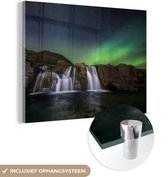 MuchoWow® Glasschilderij 160x120 cm - Schilderij acrylglas - Noorderlicht - Waterval - IJsland - Natuur - Foto op glas - Schilderijen