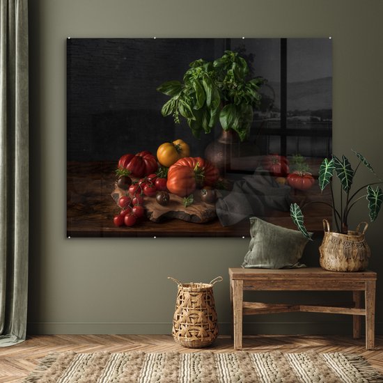 MuchoWow® Peinture sur verre 160x120 cm - Peinture sur verre acrylique - Nature morte - Tomates - Basilic - Tableau - Végétal - Zwart - Photo sur verre - Peintures