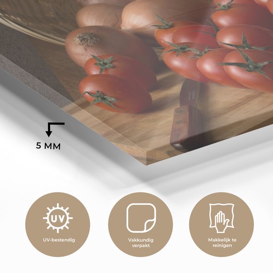 MuchoWow® Peinture sur verre 150x100 cm - Peinture sur verre acrylique - Planche à découper - Légumes - Nature morte - Pâtes - Off - Tomate - Planche à découper - Photo sur verre - Peintures
