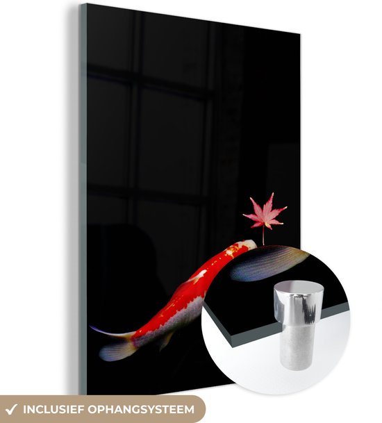 Peinture sur verre - Une carpe koï avec un étang sombre feuille d'érable - 30x40 cm - Peintures sur Verre Peintures - Photo sur Glas