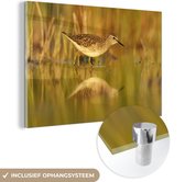 MuchoWow® Glasschilderij 90x60 cm - Schilderij acrylglas - Een bosruiter met gele achtergrond - Foto op glas - Schilderijen