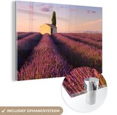 MuchoWow® Glasschilderij 90x60 cm - Schilderij acrylglas - Rijen van paarse lavendel - Foto op glas - Schilderijen