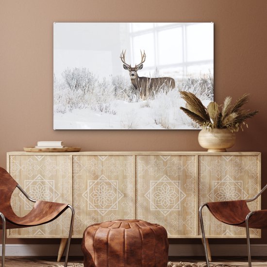 MuchoWow® Peinture sur Verre - Cerf - Hiver - Neige - Animaux - Saisons - Wit - 90x60 cm - Peintures sur Verre Peintures - Photo sur Glas
