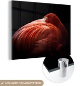 MuchoWow® Glasschilderij 160x120 cm - Schilderij acrylglas - Flamingo - Veren - Roze - Foto op glas - Schilderijen