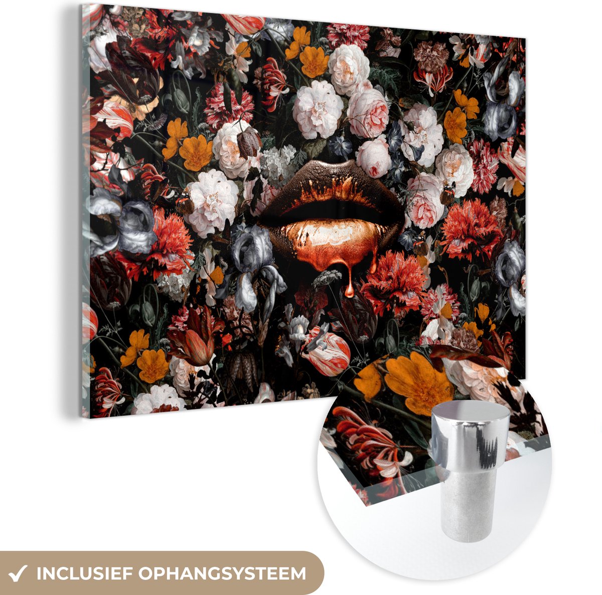 MuchoWow® Glasschilderij 30x20 cm - Schilderij acrylglas - Lippen - Bloemen - Verf - Oranj