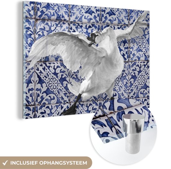 MuchoWow® Glasschilderij 180x120 cm - Schilderij acrylglas - Zwaan - Kunst - Delfts blauw - Schilderij - Oude meesters - Foto op glas - Schilderijen