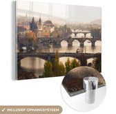MuchoWow® Glasschilderij 30x20 cm - Schilderij acrylglas - Bruggen - Herfst - Praag - Foto op glas - Schilderijen