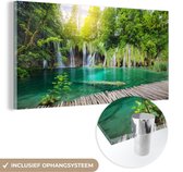 MuchoWow® Glasschilderij 40x20 cm - Schilderij acrylglas - Brug - Waterval - Natuur - Foto op glas - Schilderijen